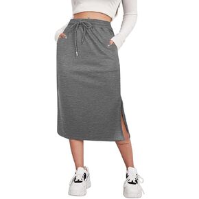 SOFIA'S CHOICE Women's Midi Skirt Drawstring High Waist Slit Skirts with Pockets in Saudi Arabia