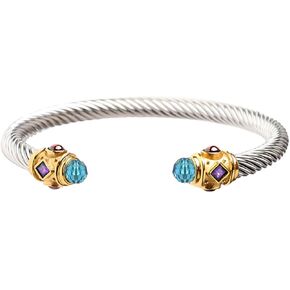 Harlorki Personalized Twisted Stainless Steel Silver Cable Wire Shiny Blue Rhinestone Charm Bracelet Wrist Bangle Cuff Fashion Jewelry for Men Women