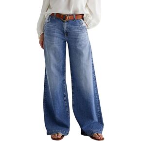 Wide Leg Jeans for Women Mid Waist Baggy Stitch Decor Denim Washed Pants Without Belt