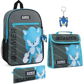 Sonic The Hedgehog Boys Backpack School Bag Sets with Boys School Bag Lunch Bag Pencil Case Keyring 4 Piece Kids Travel Bag Set Sonic Gifts for Boys
