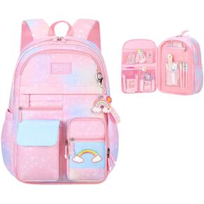 حقيبة الظهر Backback Rainbow Rainbow For Girls Elementary Heart-Heart-Pink Clofag مع عدة جيوب (وردية)