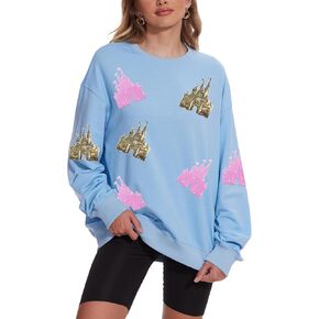 Sequin Magic Kingdom Sweatshirt For Women Sparkle Magical Castle Pullover Oversized Holiday Long Sleeve Tee Shirt Tops
