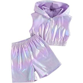 WDIRARA Girl's 2 Piece Outfits Shiny Sleeveless Zipper Front Hooded Top and Elastic Waist Shorts Set