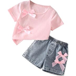 WDIRARA Toddler Girl's 2 Piece Set Cute Bow Short Sleeve Elastic Waist Denim Shorts Outfits
