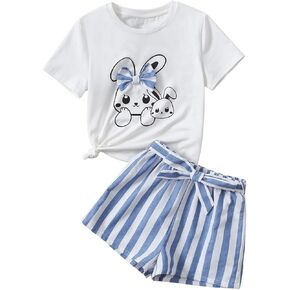SweatyRocks Girl's Cartoon Graphic Bow Tee Tops and Striped Tie Front Shorts Set 2 Piece Outfit