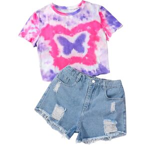 MakeMeChic Girl's 2 Piece Outfit Butterfly Tie Dye Tee Tops and Ripped Denim Shorts Set