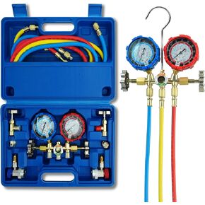 3 Way AC Gauge ، AC Mifold Gauge Set for R134A R410A R12 R22 R502 ، مقاييس AC مع خراطيم 5 أقدام ، محول R410A ، ثقب وختم ذاتي يمكن النقر فوق النقر