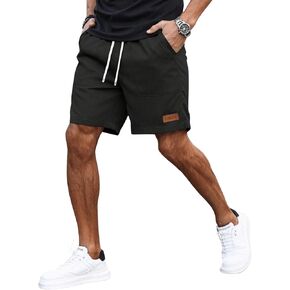 OYOANGLE Men's Drawstring Waist Cargo Shorts Letter Patched Straight Leg Track Shorts with Pocket