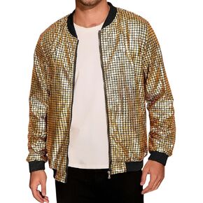 Lars Amadeus 70s Disco Varsity Jackets for Men's Zipper Party Shiny Holographic Metallic Bomber Jackets