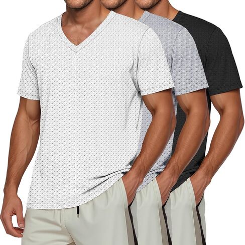 Huukeay 3 Pack Men's Big and Tall Quick Dry Shirts, Short Sleeve Dry Fit Tops V Neck Mesh Moisture Wicking Athletic Tees in Kuwait