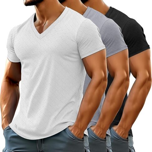 Huukeay 3 Pack Men's Big and Tall Quick Dry Shirts, Short Sleeve Dry Fit Tops V Neck Mesh Moisture Wicking Athletic Tees in Kuwait