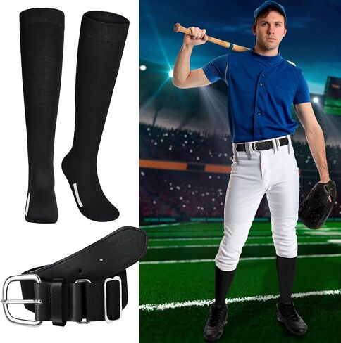 Haysandy Baseball 3 أزواج جوارب 1 حزام 1 كم ذراع كومبو مجموعة للشباب قابل للتعديل حزام الكرة اللينة جوارب مرنة كم الذراع (كبير، أحمر) in Saudi Arabia