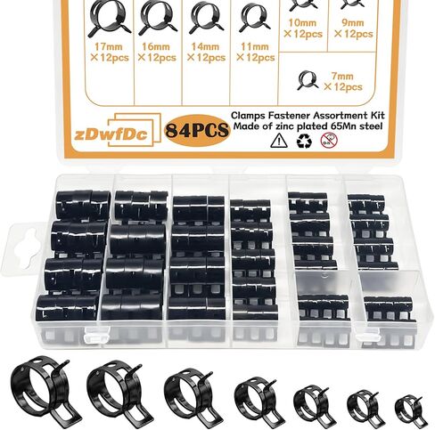84PCS 7-17mm Fuel Line Hose Spring Clamp Firmware Silicone Vacuum & Automotive Replacement Fastener Sorting Kit, Black Manganese Steel Spring Hose Clamp DD006-b in Kuwait