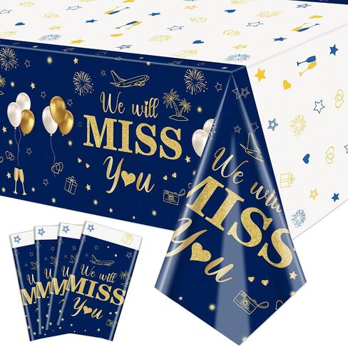 4 Pack We Will Miss You Tablecloths, 51x87'' Retirement Themed Table Covers Disposable Plastic Going Away Party Table Cloths for Farewell Party Decorations Retirement Party Decor, Black Gold in Saudi Arabia