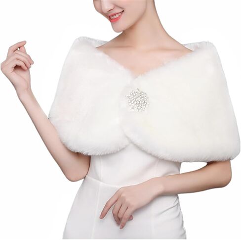 Women's Wedding Faux Fur Wraps and Shawls Winter Shrug with Brooch for Brides Bridesmaids White in Saudi Arabia