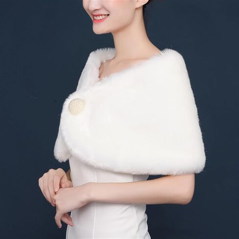 Women's Wedding Faux Fur Wraps and Shawls Winter Shrug with Brooch for Brides Bridesmaids White in Saudi Arabia