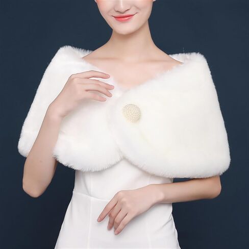 Women's Wedding Faux Fur Wraps and Shawls Winter Shrug with Brooch for Brides Bridesmaids White in Saudi Arabia