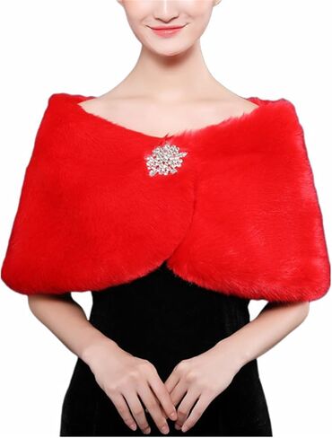 Women's Wedding Faux Fur Wraps and Shawls Winter Shrug with Brooch for Brides Bridesmaids White in Saudi Arabia