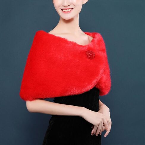 Women's Wedding Faux Fur Wraps and Shawls Winter Shrug with Brooch for Brides Bridesmaids White in Saudi Arabia