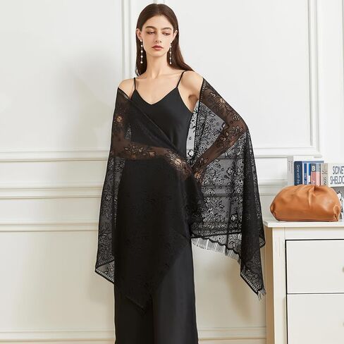 Huralona Women Lace Shawls and Wraps for Evening Dress Wedding Bridal Lace Pashmina Scarf for with Fringe for Costume Party in Saudi Arabia