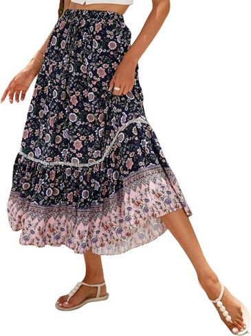 Women's 2025 Spring Summer Boho Floral Elastic Waist Flowy Swing Pleated A Line Long Maxi Beach Skirt in Saudi Arabia