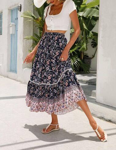 Women's 2025 Spring Summer Boho Floral Elastic Waist Flowy Swing Pleated A Line Long Maxi Beach Skirt in Saudi Arabia
