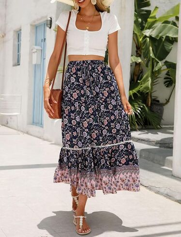 Women's 2025 Spring Summer Boho Floral Elastic Waist Flowy Swing Pleated A Line Long Maxi Beach Skirt in Saudi Arabia