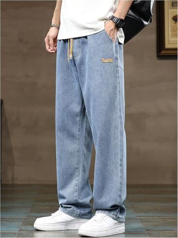 OYOANGLE Men's Vintage Elastic Drawstring Waist Jeans Casual Straight Leg Denim Pants in Saudi Arabia