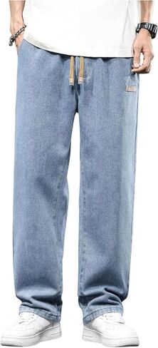 OYOANGLE Men's Vintage Elastic Drawstring Waist Jeans Casual Straight Leg Denim Pants in Saudi Arabia