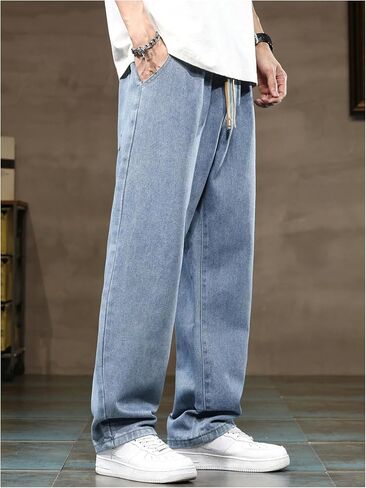 OYOANGLE Men's Vintage Elastic Drawstring Waist Jeans Casual Straight Leg Denim Pants in Saudi Arabia