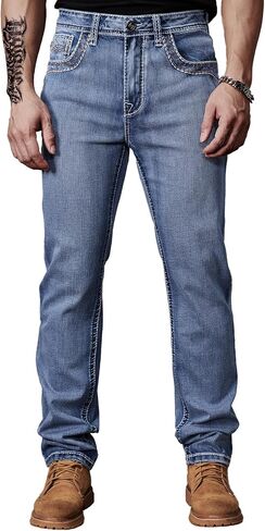Men's Relaxed Straight Fit Jeans with Comfort Flex Classic Pants for Men Straight Leg Casual Embroidered Jeans in Kuwait