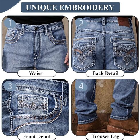 Men's Relaxed Straight Fit Jeans with Comfort Flex Classic Pants for Men Straight Leg Casual Embroidered Jeans in Kuwait