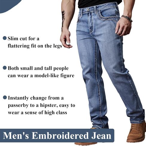 Men's Relaxed Straight Fit Jeans with Comfort Flex Classic Pants for Men Straight Leg Casual Embroidered Jeans in Kuwait