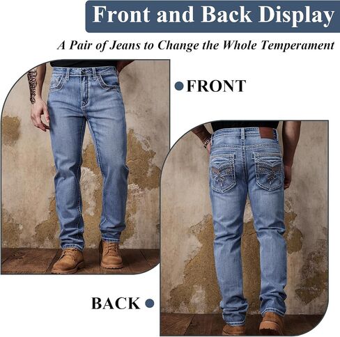 Men's Relaxed Straight Fit Jeans with Comfort Flex Classic Pants for Men Straight Leg Casual Embroidered Jeans in Kuwait