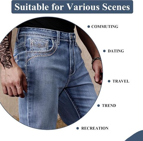 Men's Relaxed Straight Fit Jeans with Comfort Flex Classic Pants for Men Straight Leg Casual Embroidered Jeans in Kuwait