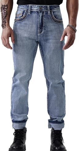 Men's Relaxed Straight Fit Jeans with Comfort Flex Classic Pants for Men Straight Leg Casual Embroidered Jeans in Kuwait