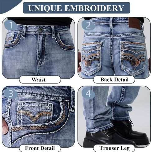 Men's Relaxed Straight Fit Jeans with Comfort Flex Classic Pants for Men Straight Leg Casual Embroidered Jeans in Kuwait