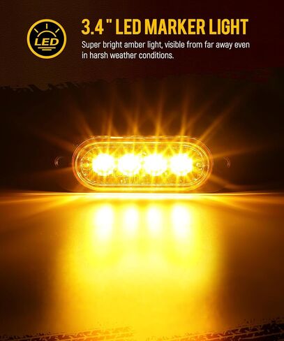 Partsam 4 قطع 3.4 بوصة غطاء ألومنيوم أحمر/كهرماني LED أضواء جانبية للتخليص، مصابيح تحديد سطحية للتركيب على المقطورة شاحنة بيك اب جرار RV دراجة نارية عربة جولف، IP67 مقاومة للماء (2 أحمر + 2 كهرمان) in Kuwait