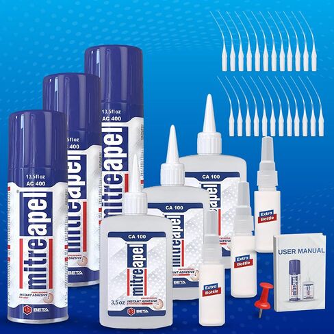 غراء MITREAPEL Super CA (3 × 3.5 أونصة) مع منشط لاصق بالرش (3 × 13.5 أونصة سائلة) غراء Ca مع منشط للخشب والبلاستيك والمعادن والجلود وغراء سيانوأكريليت السيراميك للصياغة والبناء (3 قطع) in Kuwait