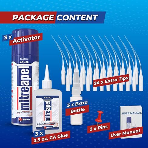 غراء MITREAPEL Super CA (3 × 3.5 أونصة) مع منشط لاصق بالرش (3 × 13.5 أونصة سائلة) غراء Ca مع منشط للخشب والبلاستيك والمعادن والجلود وغراء سيانوأكريليت السيراميك للصياغة والبناء (3 قطع) in Kuwait
