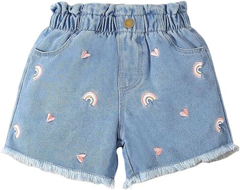 GORGLITTER Girl's Denim Shorts Floral Embroidery Elastic High Waist Jean Shorts with Pockets in Saudi Arabia