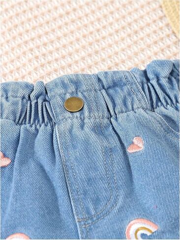 GORGLITTER Girl's Denim Shorts Floral Embroidery Elastic High Waist Jean Shorts with Pockets in Saudi Arabia