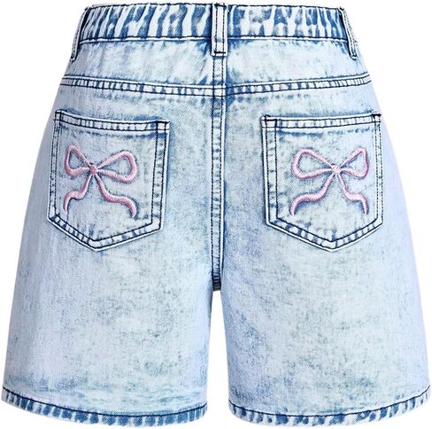 Floerns Girl's Bowknot Embroidery Denim Shorts Elastic Waist Straight Leg Jean Shorts in Saudi Arabia
