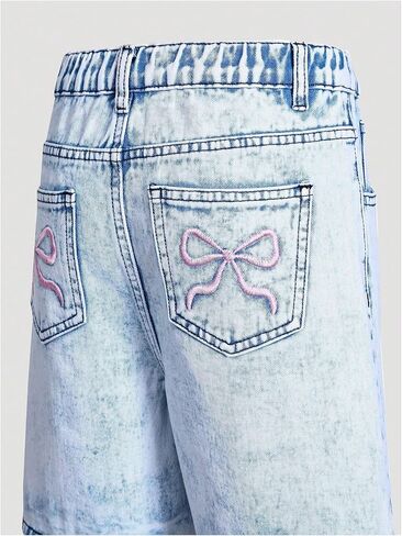 Floerns Girl's Bowknot Embroidery Denim Shorts Elastic Waist Straight Leg Jean Shorts in Saudi Arabia