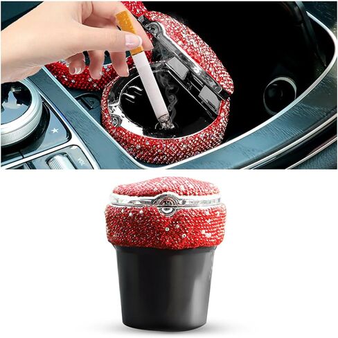 Bling Car Ashtray, Portable Auto Cigarette Ashtray with Lid, Cigarette Smokeless Cylinder Cup Holder with LED Light Indicator, Crystal Diamond Auto Accessories for Home, Office (Golden) in Saudi Arabia
