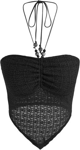CIDER Halter Tops for Women Crochet Boho Backless Ruched Tie Back Vacation Beach Tank Crop Tops in Kuwait