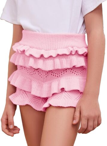 Girls Crochet Knit Ruffle Shorts High Waisted Pleated Tiered Dance Shorts Hollow Out Summer Beach Cover up Bottom Shorts in Saudi Arabia