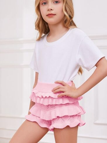 Girls Crochet Knit Ruffle Shorts High Waisted Pleated Tiered Dance Shorts Hollow Out Summer Beach Cover up Bottom Shorts in Saudi Arabia