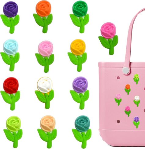 13pcs 3d Flower Bogg Bags Charms ، 15 مسلسلات مختلفة ، ملحقات سحر ملونة زخرفية لتخصيص حقيبة حمل الشاطئ الجنوبية ، هدايا النساء in Kuwait