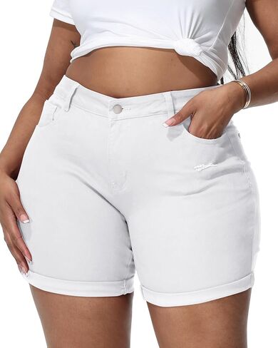 Womens Plus Size Jean Shorts Stretchy Solid Color High Waisted Summer Casual 5.5" Denim Shorts in Saudi Arabia